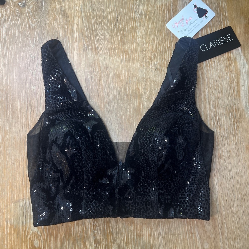 Clarissa Boutique Black Bra Top Bustier Bra w/ Sequins Velvet Sz 0 32.5" Bust